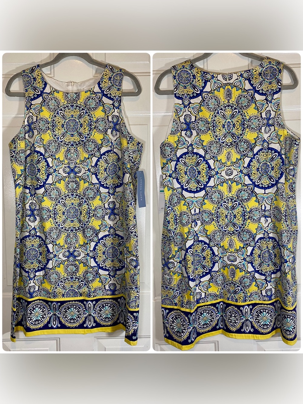 London Times NWT Buttercup Sz 16 Ornate Yellow Blue Knee Length Dress Sleeveless